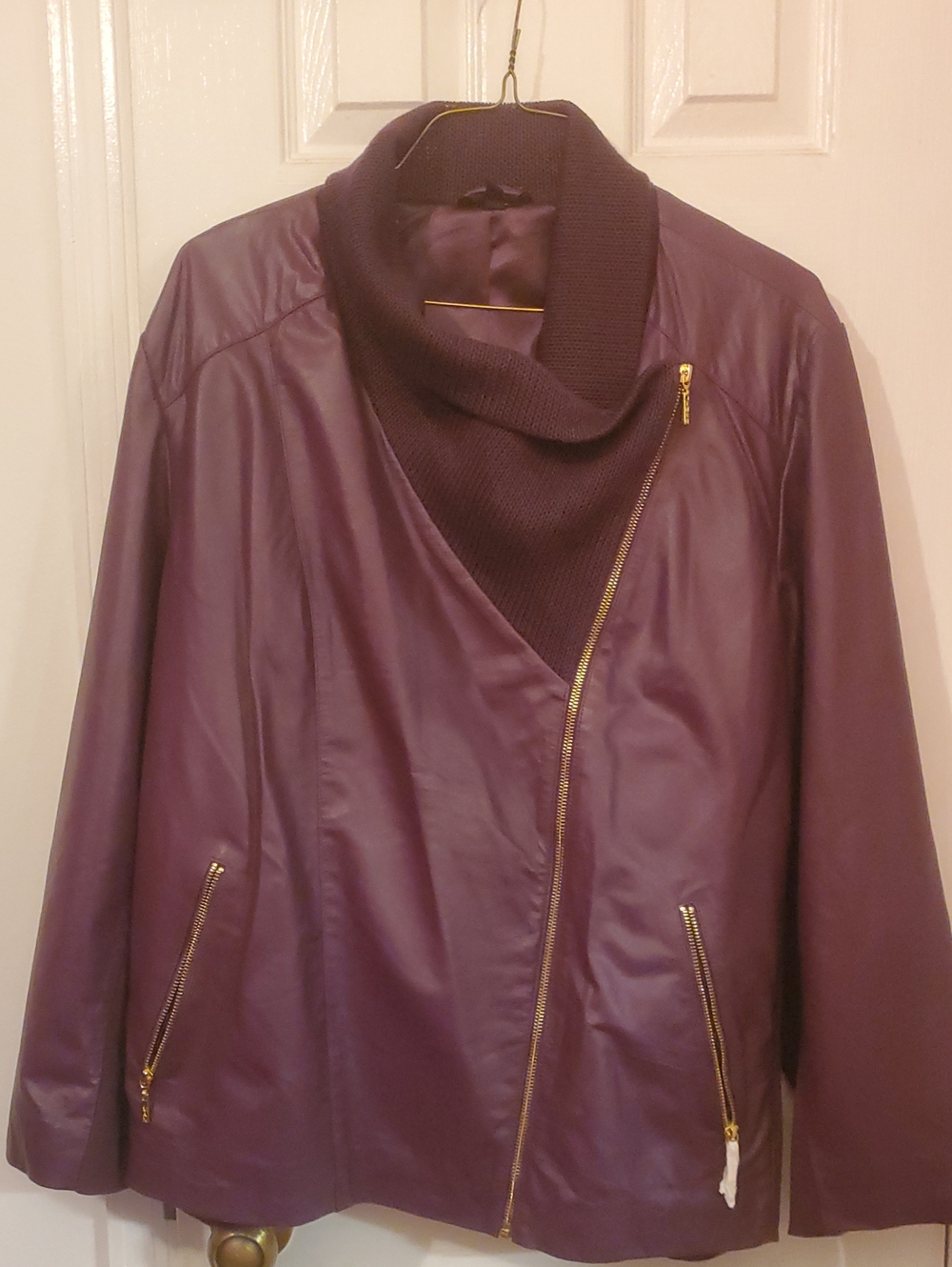 [Never Worn] Leather, Deep Purple Asymmetric Zip Jacket with Knit Collar